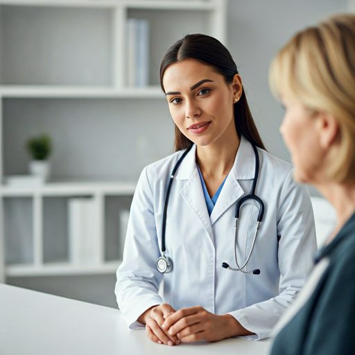 A compassionate female doctor in a soft-lit modern clinic talking to an elderly patient