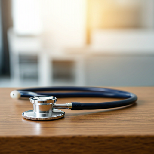 A clean stethoscope on a wooden table with soft focus clinic background